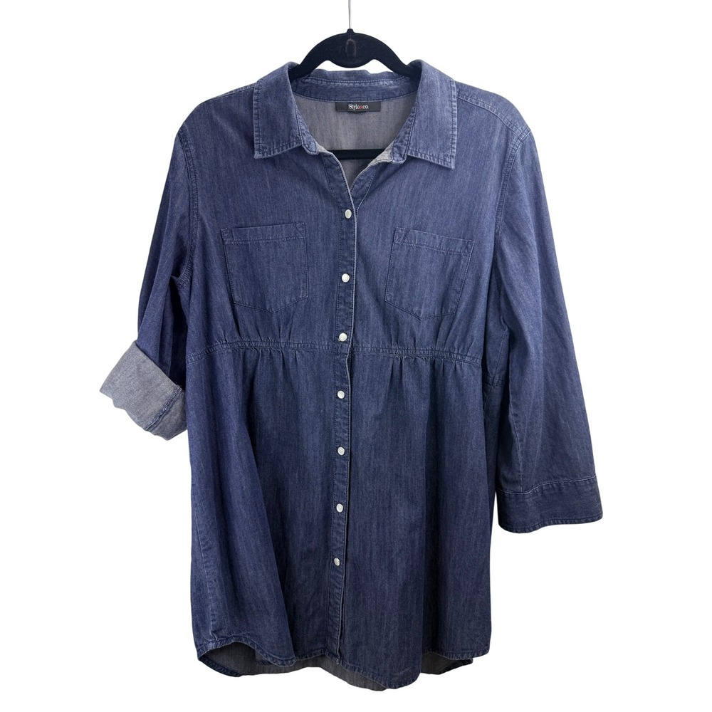 Style & Co Women's Denim Shirt Dress Button Front Roll Tab Sleeves Sz‎ M Casual